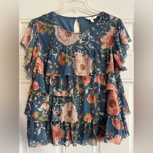 LC Lauren Conrad Floral Ruffle Blouse - Teal and Coral